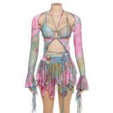 3 Piece Set Fairy Y2K Tie Dye Print Chest Wrap Backless Bandage Halter Tops Flared Long Sleeve Shrug T Shirt Pleated Mini Skirt