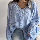 Black Friday Women's Oversized Cable Knit Sweater Long Sleeve V-Neck Pullover Jumper Fall Winter Knit Tops Light Blue Pink Korean Style