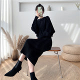 New Fall/Winter Bat Sleeve O-Neck Soft Sweater  + Women's Knitted Vest Long Dress Two-Piece Dress Sets