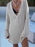 V-Neck Oversized Women's Sweater Long Sleeve Hollow Out Striped Knit Tops Winter  Trend Casual Loose Pullover Sweaters