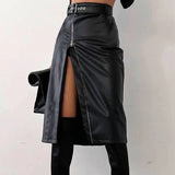 Black PU Leather High Waist Pencil Skirts Vintage Grunge Women Streetwear Zipper High Split Bodycon Midi Skirt with Belt