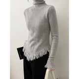 Korean Chic  Autumn Winter Elegant Tassel Spliced Sweater Pullover Women Turtleneck Long Sleeve Black Knitted Jumper