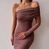 Sexy Women Diagonal Collar Wrap Hip Dress Ladies One Shoulder Mesh Sleeve Bodycon Dresses Solid Party Dress Clubwear Robe Femme