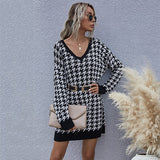 Jenvon Coran Women's Winter Dress, Woman Pullovers, Autumn Knitted Houndstooth Sweater Dress Female .