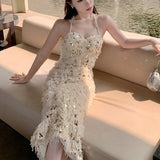 Women Sexy Bodycon Evening Party Dress Summer Fashion Backless Halter Midi Dresses Chic Sequins Vestidos