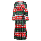 Christmas Print Long Dress for Women Autumn V-neck Knitting  A-LINE Belt Slim Ankle-Length