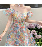 woloong Women's Summer Floral Dress Spaghetti Strap Dress Backless Puff Sleeves Sweet A-line Off Shoulder Midi Dress Holiday