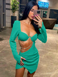 Aieru Autumn Diamond Chain Hollow Out Full Sleeve Mini Dress For Women Fashion Green Backless Ruched Dress Vestido Clothes