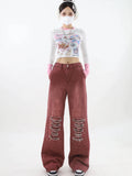 Woloong Women's Vintage Red Baggy Jeans 90s Aesthetic High Waist Denim Trousers Korean 2000s Y2k Harajuku Wide Pants Trashy Clothes