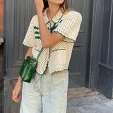 Retro Green Stripe Knitted Cardigan Tops Women Button Up Short Sleeve Crochet Blouse Shirts Preppy Style Sweaters Y2K