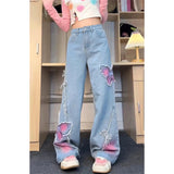 Woloong Women's Blue Butterfly Jeans Baggy Vintage Y2k Denim Trousers 2000s Harajuku Wide Leg Cowboy Pants Trashy 90s Aesthetic Clothes