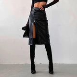 Black PU Leather High Waist Pencil Skirts Vintage Grunge Women Streetwear Zipper High Split Bodycon Midi Skirt with Belt