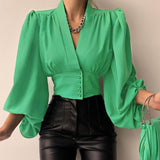 Women Shirts  Fashion Lantern Long Sleeve Elegant Blouse Summer Sexy V-neck Tunic Top Casual Party High Street Blusas