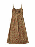 Bohemian Brown Floral Print Backless Sling Dress Summer Holiday Woman Adjust Spaghetti Strap Dresses Beach Holiday
