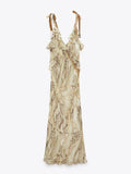 Fashion Printed Suspender Sleeveless Long Women's Dress V-neck  Ruffle Female Dresses Summer Ladies Chic Beach Long Dress