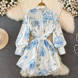 Women's Elegant Blue Floral Lantern Sleeve Knee Length A Line Dress Spring Summer Lady Sweet O Neck Single Breasted Dress