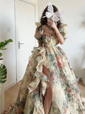 Summer Elegant Evening Party Dress Short Puff Sleeve Khaki Print Organza Women Floor-Length Overlength Princess Long Dress