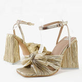 Size 44 45 46 Fashion Pleated Butterfly-Knot Womens Sandals Gladiator Peep Toe Buckle Strap Triangle High Heels Dress Shoe