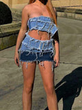 Woloong Vintage Ripped Denim Skirt Belt Patchwork y2k Aesthetic Low Rise Skinny Mini Skirts Women Sexy Streetwear Skirts Grunge