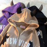 Hip Hop Dark Bat Wing Devil Horn Gothic Zip Up Hoodie Jacket Men Women Oversized Sweatshirt Kawaii Clothes Harajuku Winter Y2K