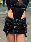 Punk Style Mini Skirt with PU Belts Y2k Gothic Low Rise Hot Sexy Super Short Skirt Streetwear 2000s Women's Outfits Chic