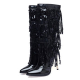 Fashion Pointed Toe Fringe Sequined Mid Calf Boots For Women Zip Metallic Glitter Sexy Elegant Dress Long Shoes