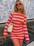 Women Stripe Knit Beach Dress Bodycon Backless Long Sleeve Green Y2K Casual Summer Holiday Sexy Dresses Party Mini Vestidos