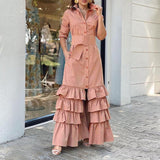 Chic Women Waist Split Shirt Dress Autumn Solid Lapel Long Sleeve Dress Fashion Single-breasted Cake Layered Long Dress Cover Up