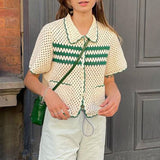 Retro Green Stripe Knitted Cardigan Tops Women Button Up Short Sleeve Crochet Blouse Shirts Preppy Style Sweaters Y2K