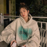 Women's Grey Fashion Letter Printing Baggy Pullover Pocket Fleece Thicken Sweatshirt Lazy Casual Raglan Sleeves Hoodie Winter