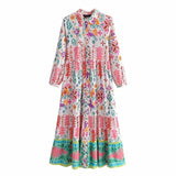 Paisley Print Shirt Dress Elegant Autumn Spring Green Dress Floral Print Boho Female Maxi Dress Long Sleeve Dress