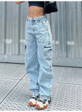 Women High Waist Baggy Jeans Flap Pocket Side Relaxed Fit Straight Wide Leg Cargo Jeans Slim Streetwear Boyfriend Jeans Trousers