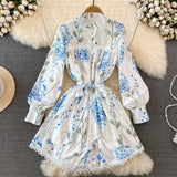 Women's Elegant Blue Floral Lantern Sleeve Knee Length A Line Dress Spring Summer Lady Sweet O Neck Single Breasted Dress