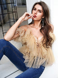 Woloong Simplee V-neck mesh lace up sexy blouse summer women Strap boho ruffle cold shouler elegant tops Tulle see through casual shirt