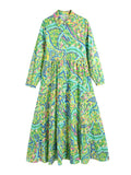 Paisley Print Shirt Dress Elegant Autumn Spring Green Dress Floral Print Boho Female Maxi Dress Long Sleeve Dress