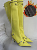 woloong Woman Boot Fashion Sexy Pure Color Pointed Toe Stilettos Heels Vintage Metal Buckle Zipper Knee High Boots Slim Tassel Shoes 45
