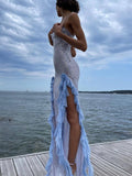 Fashion Sequin Split Spaghetti Strap Dress Women Sexy Slim Flower Decoration Ruffle Maxi Dresses Lady Blue Beach Party Dress