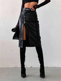 Black PU Leather High Waist Pencil Skirts Vintage Grunge Women Streetwear Zipper High Split Bodycon Midi Skirt with Belt