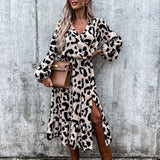 Woloong Leopard Print White Black Slit Midi Casual Winter Long Sleeve Dress V Neck Autumn Dropshipping Vestidos Femme