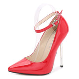 13cm Sexy High Heels Women Night Club Pointed Toe Ankle Strap Thin Metal Heels PU Leather Office Ladies Pumps Shoes Plus Size 44