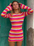 Women Stripe Knit Beach Dress Bodycon Backless Long Sleeve Green Y2K Casual Summer Holiday Sexy Dresses Party Mini Vestidos