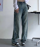 Woloong Y2k Star Patchwork Jeans Women Streetwear Low Rise Straight Leg Denim Cargo Pants Baggy Harajuku Vintage Casual Jean 90s