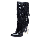 Fashion Pointed Toe Fringe Sequined Mid Calf Boots For Women Zip Metallic Glitter Sexy Elegant Dress Long Shoes