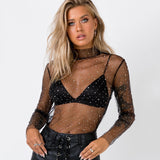 Woloong  See Through Diamond Beads Mesh Women Tops Black Long Sleeve Round Neck Short Tops Women Spring Skinny Fashion Streetwear