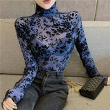 Girls Transparent Flocking Mesh Blouses Shirts Tees Female Turtleneck Sexy Full Sleeve Blouses Tops For Women