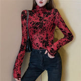 Girls Transparent Flocking Mesh Blouses Shirts Tees Female Turtleneck Sexy Full Sleeve Blouses Tops For Women