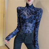 Girls Transparent Flocking Mesh Blouses Shirts Tees Female Turtleneck Sexy Full Sleeve Blouses Tops For Women