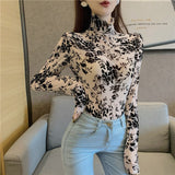 Girls Transparent Flocking Mesh Blouses Shirts Tees Female Turtleneck Sexy Full Sleeve Blouses Tops For Women