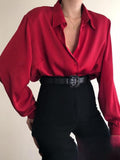 Woloong Women Button Blouses Turn Down Collar Shirts Office Lady Long Sleeve Casual Blouse Loose OL Shirt Baggy Tops Red/Wine Red /Black