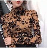 Girls Transparent Flocking Mesh Blouses Shirts Tees Female Turtleneck Sexy Full Sleeve Blouses Tops For Women